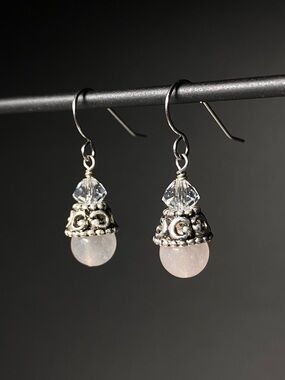 Rose Quartz & Crystal Silver Drop Earrings